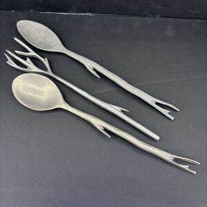 Vintage Aluminum Grey‎ Tree Branch Twigs Serving Set Salad Mixing Spoons